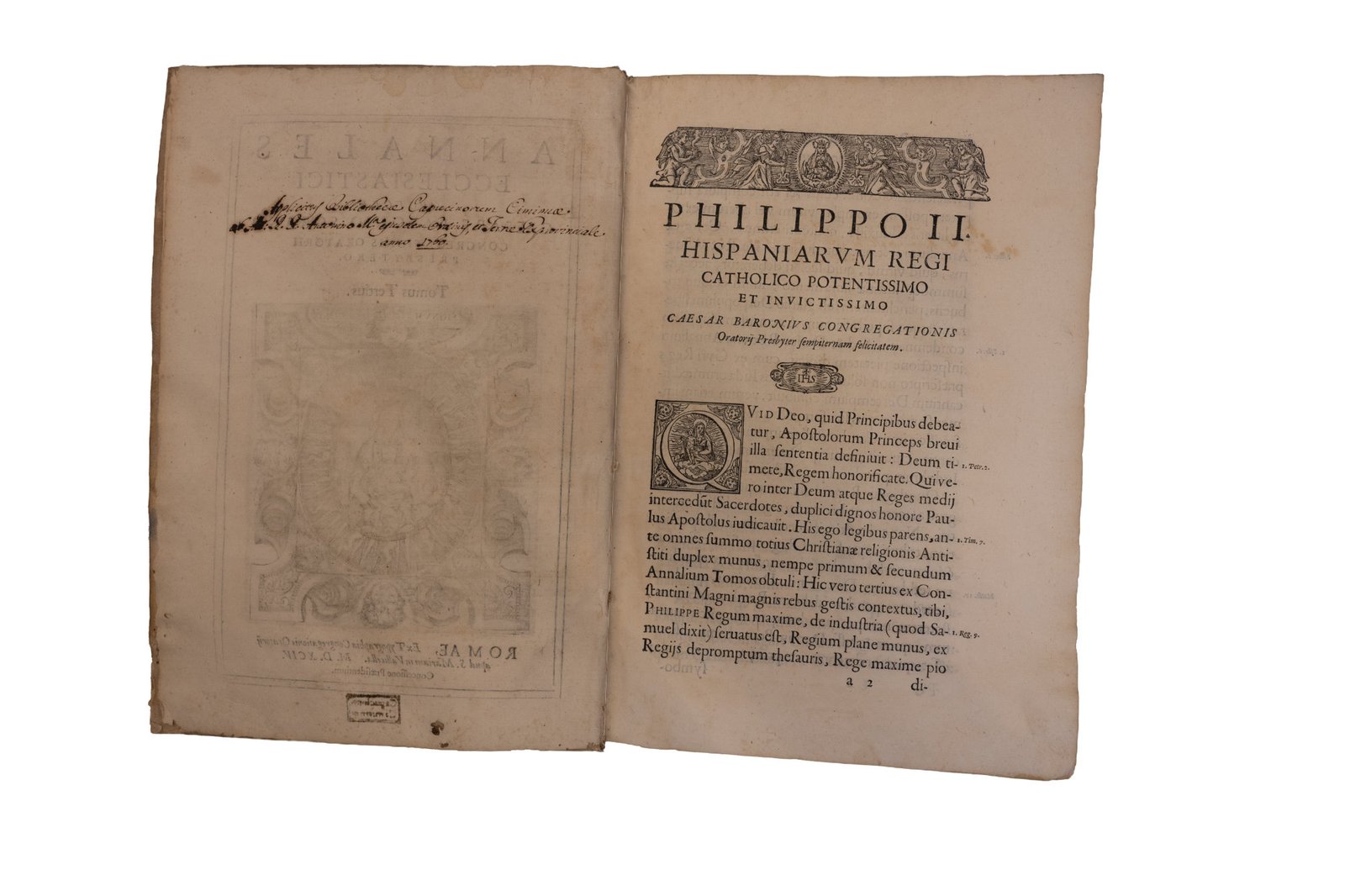 Pagina di dedica a Filippo II degli Annales Ecclesiastici di Baronio, con nota di possesso manoscritta