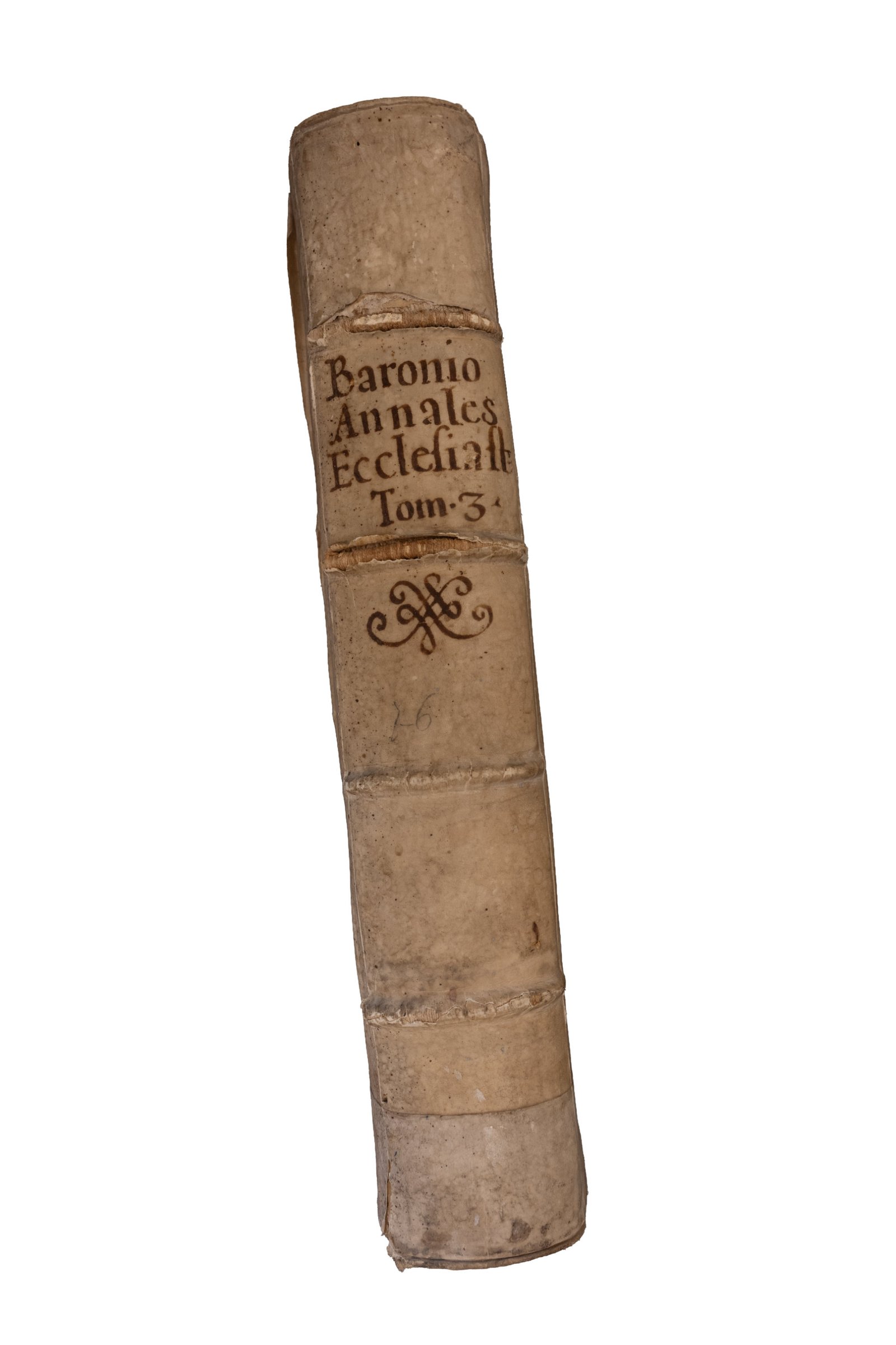 Dorso in pergamena degli Annales Ecclesiastici di Baronio, Tomus Tertius, con legatura originale cinquecentesca
