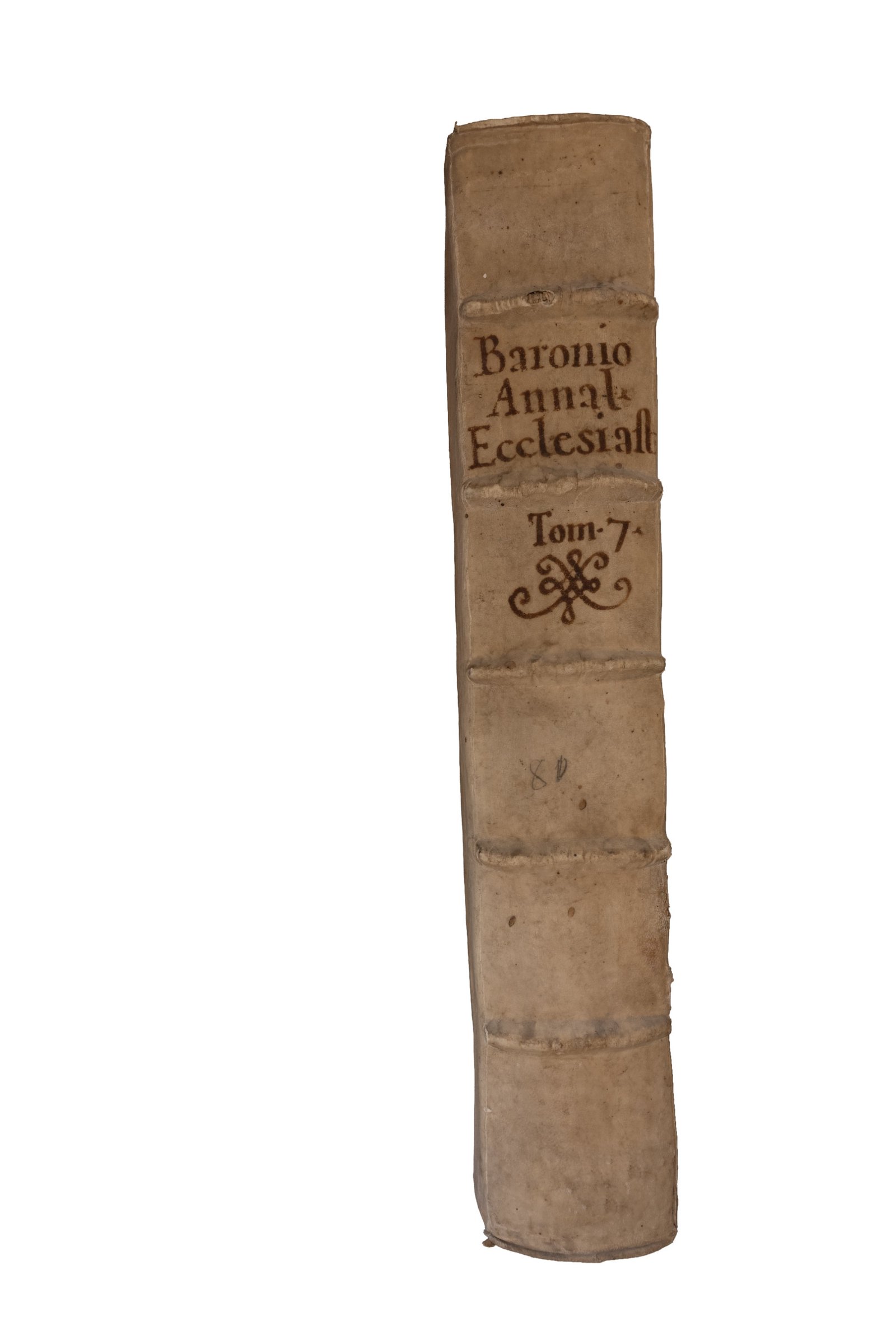 Dorso in pergamena degli Annales Ecclesiastici di Baronio, Tomus Septimus, con legatura originale cinquecentesca