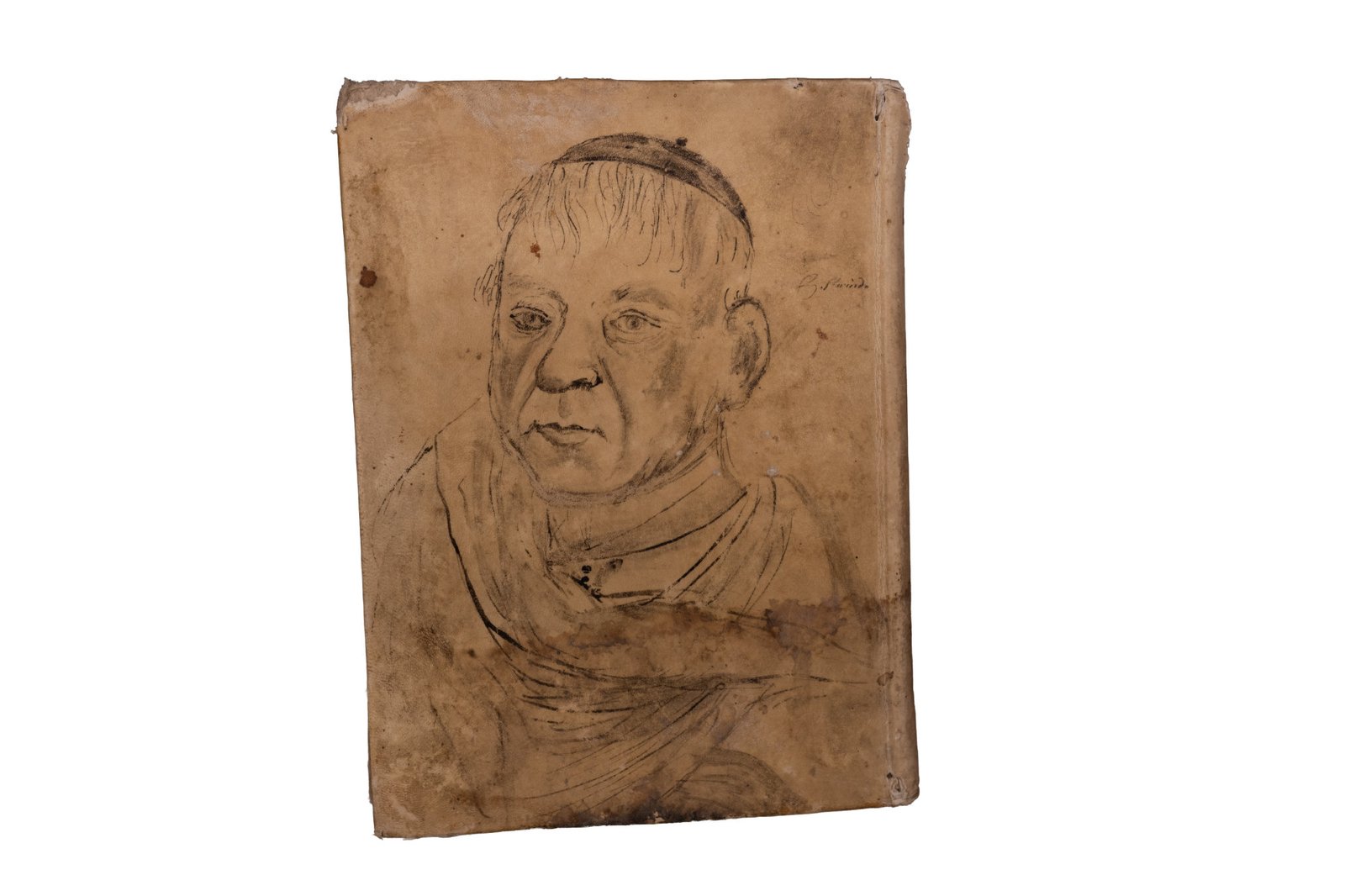 Ritratto di prelato disegnato a penna sulla copertina in pergamena di un volume cinquecentesco