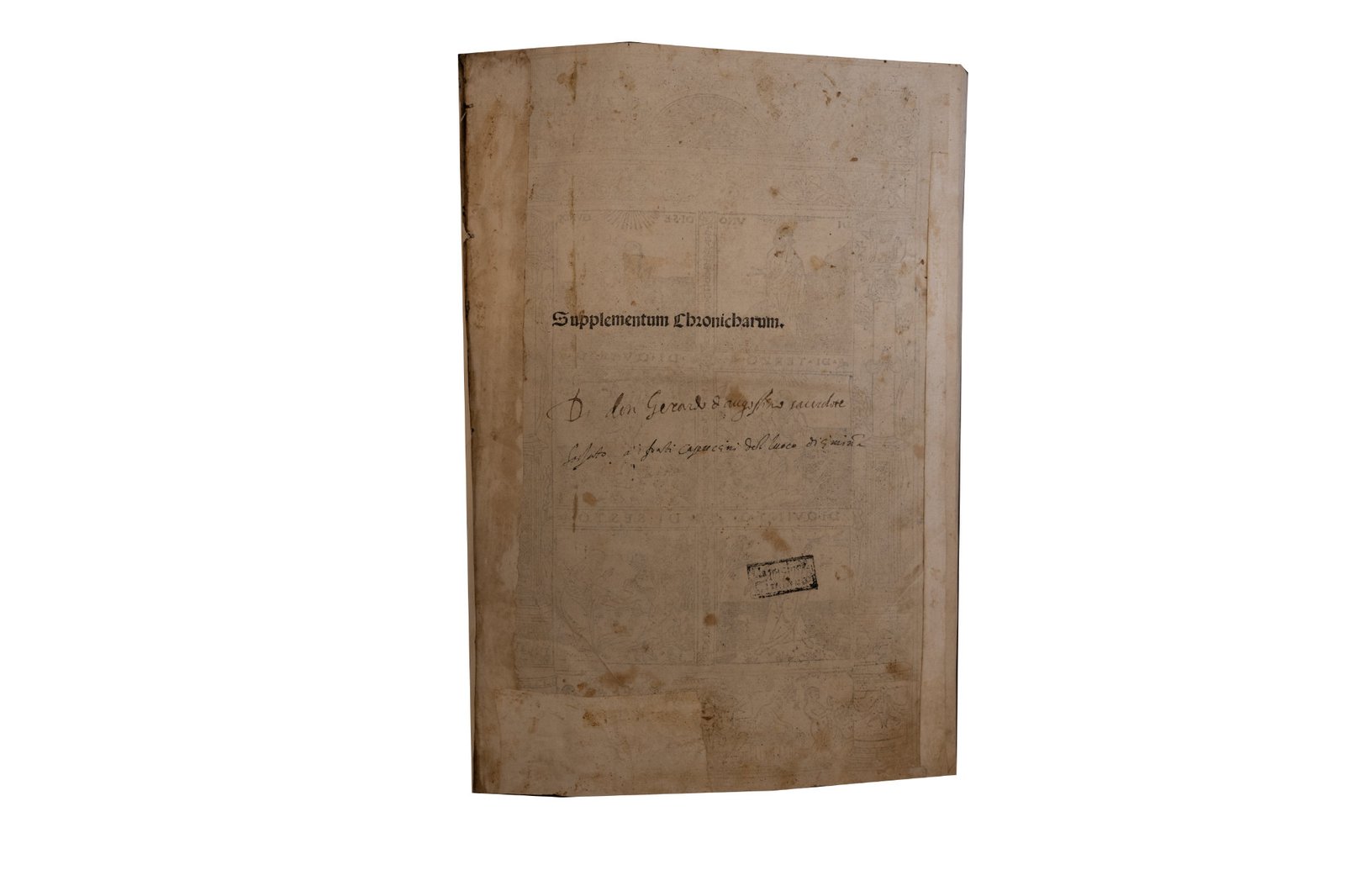 Frontespizio del Supplementum Chronicharum con nota manoscritta