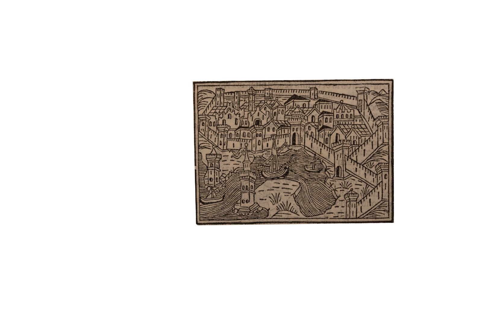 Xilografia di città medievale murata con porto