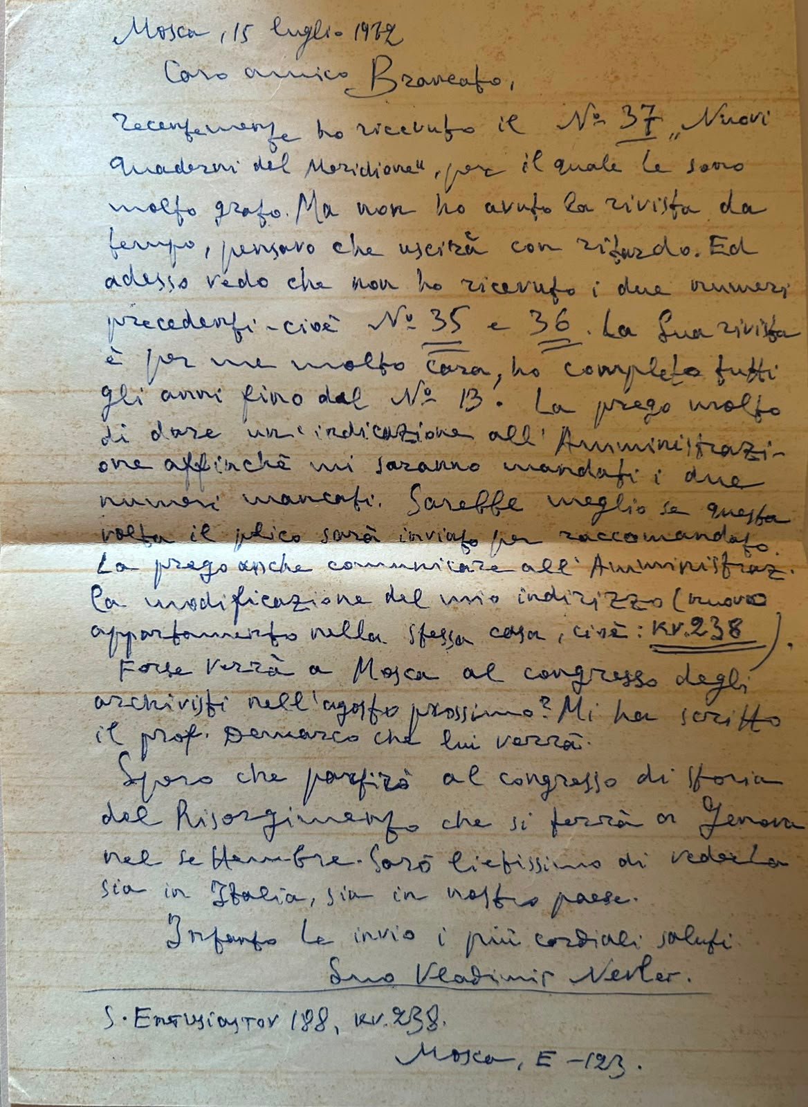 Lettera manoscritta indirizzata al Prof. Francesco Brancato da Mosca, 15 luglio 1979