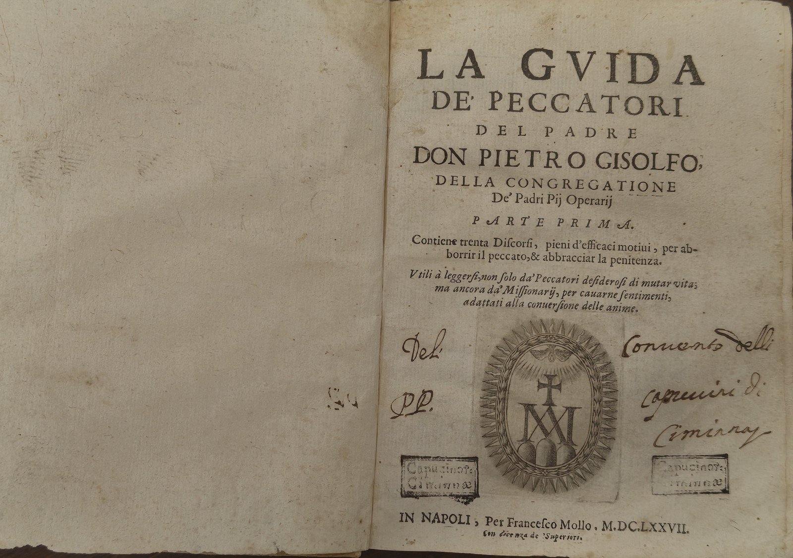 La Guida dei Peccatori di Don Pietro Gisolfo, Parte Prima, frontespizio, Napoli 1677, con timbri dei Cappuccini di Ciminna