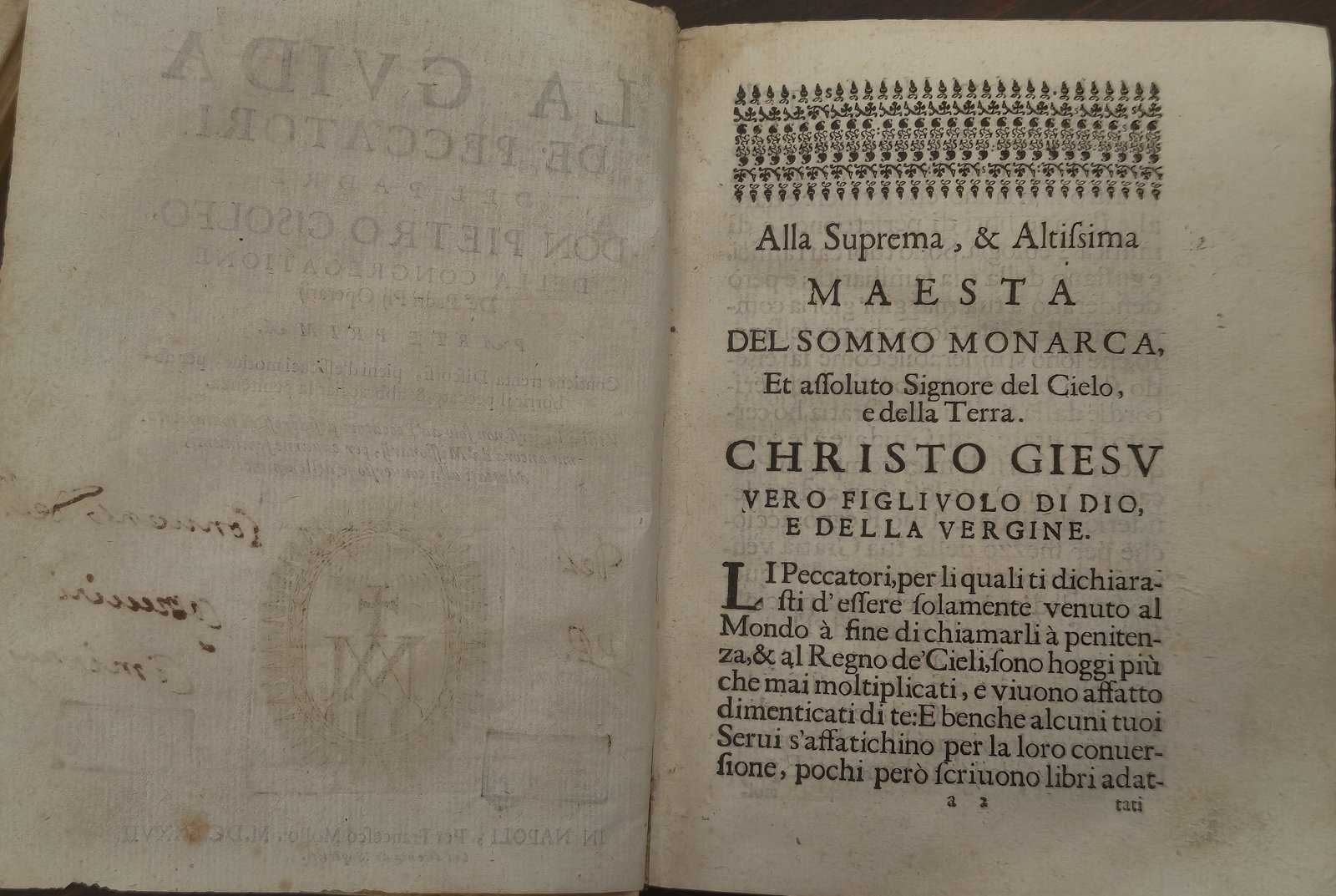 La Guida dei Peccatori, pagina di dedica a Christo Giesù Vero Figliuolo di Dio
