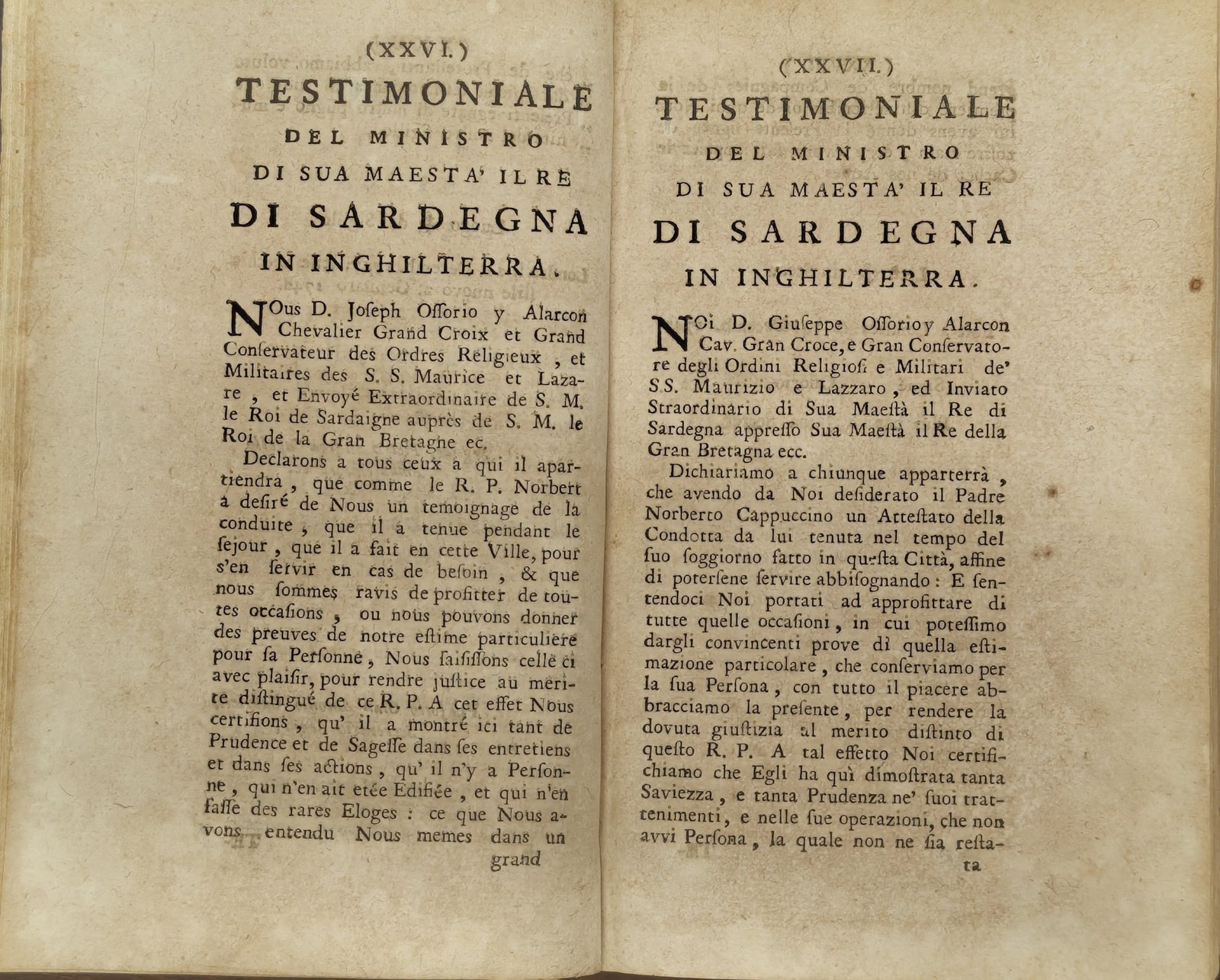Testimoniale del Ministro di Sardegna in Inghilterra dalle Lettere Apologetiche, edizione bilingue