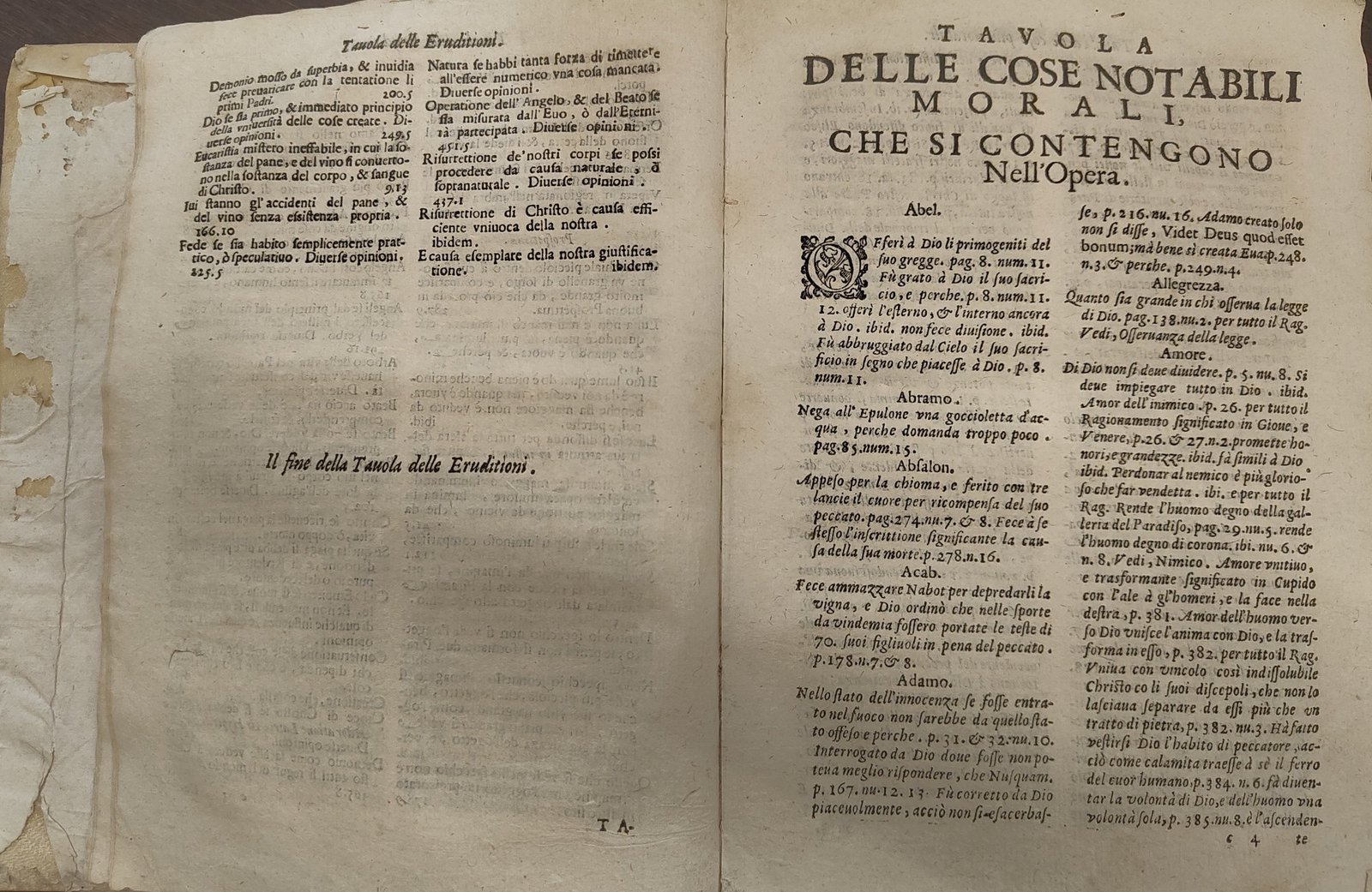 Tavola delle Cose Notabili Morali dai Serafici Splendori, indice alfabetico per voci teologiche