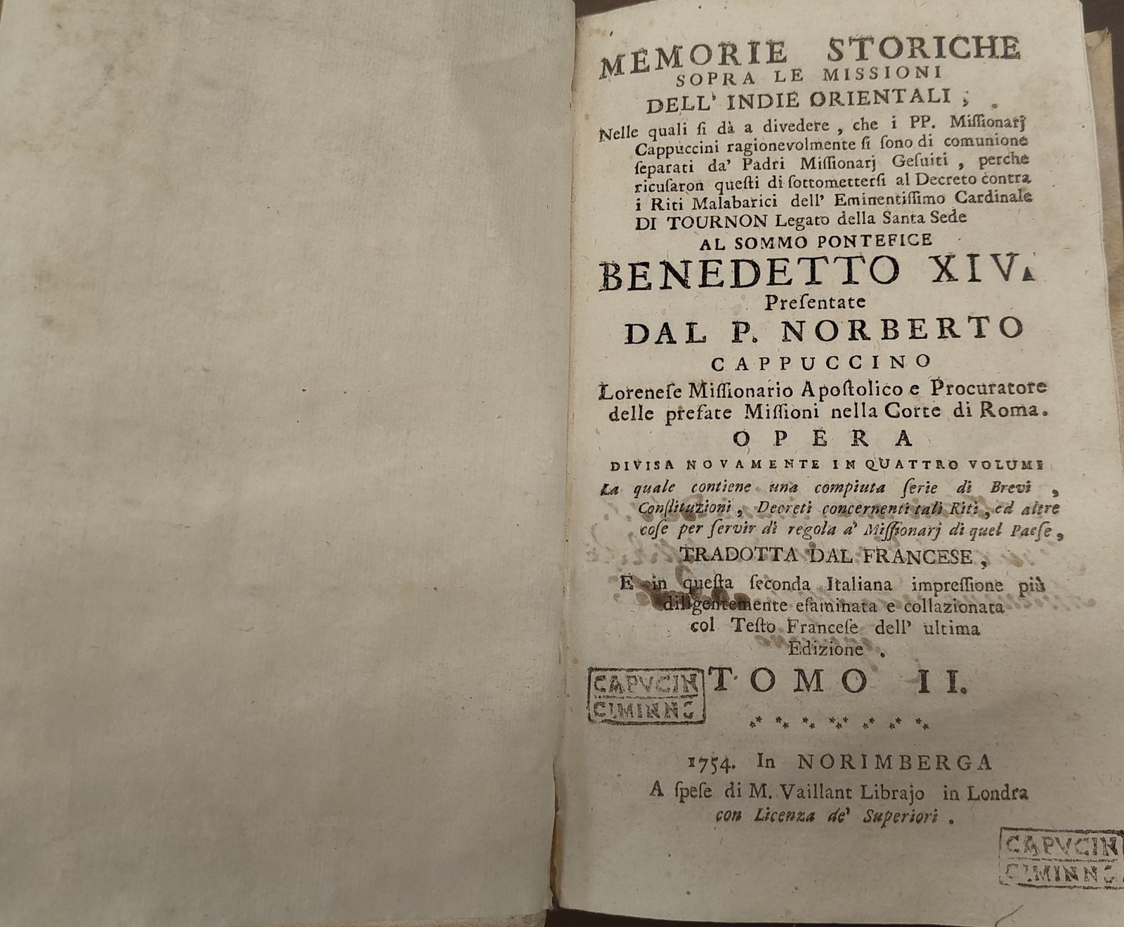 Memorie Storiche delle Missioni dell'Indie Orientali del P. Norberto Cappuccino, Tomo II, Norimberga 1754
