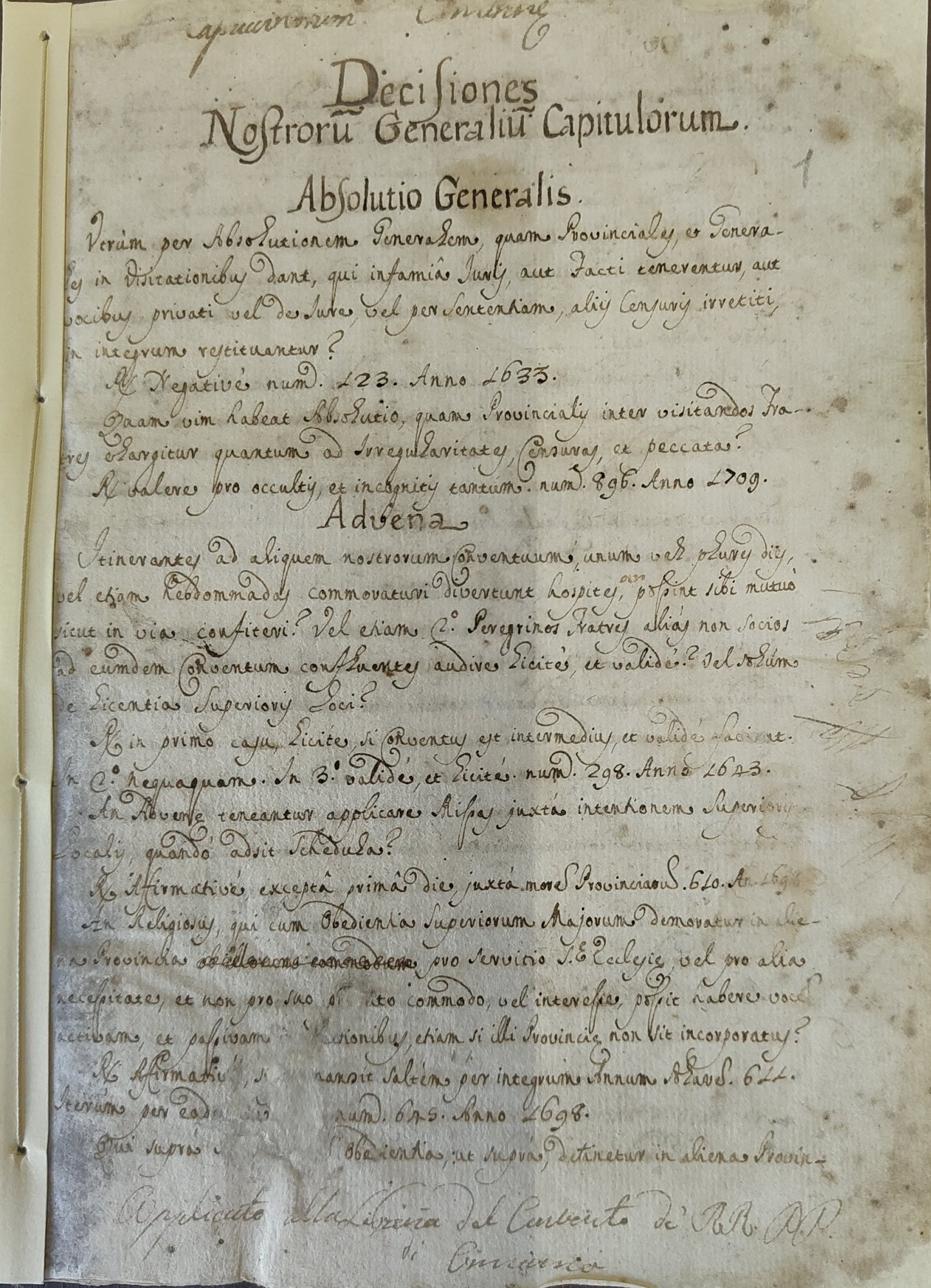 Decisiones Nostrorum Generalium Capitulorum — frontespizio